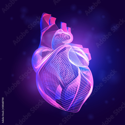 Human heart medical structure. Outline vector illustration of body part organ anatomy in 3d line art style on neon abstract background