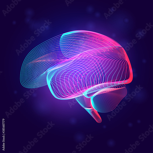Human brain medical structure. Outline vector illustration of body part organ anatomy in 3d line art style on neon abstract background