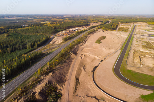 Aerial view of the road and race track in Finland