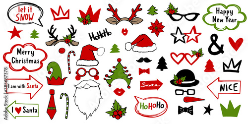Christmas holiday photo booth props. Vector xmas masquerade party costume accessories collection. Noel decoration with fun sign in arrow and bubble. Happy new year cartoon illustration card elements.