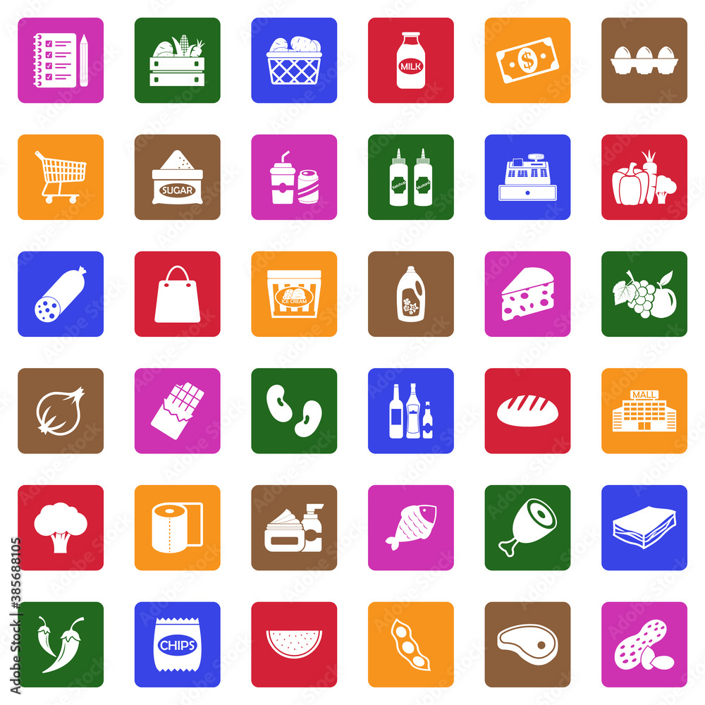 Grocery List Icons. White Flat Design In Square. Vector Illustration. Grocery List Icons. White Flat Design In Square. Vector Illustration.