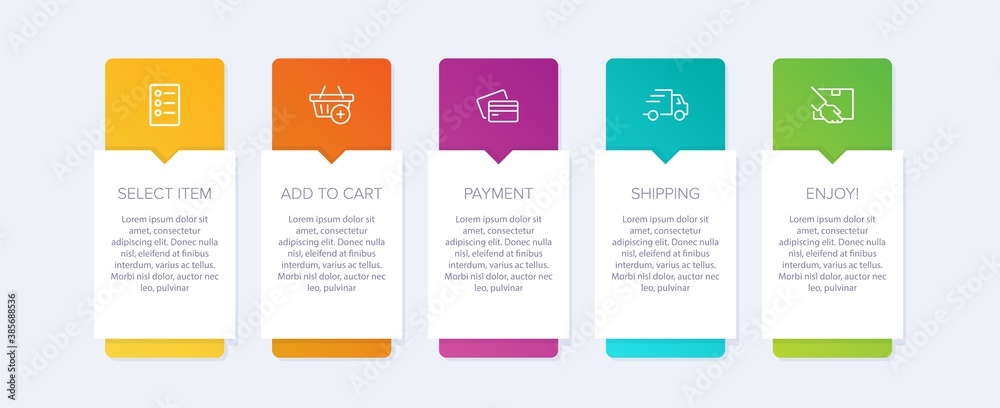 Concept of shopping process with 5 successive steps. Five colorful graphic elements. Timeline design for brochure, presentation, web site. Infographic design layout. Concept of shopping process with 5 successive steps. Five colorful graphic elements. Timeline design for brochure, presentation, web site. Infographic design layout.