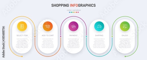 Concept of shopping process with 5 successive steps. Five colorful graphic elements. Timeline design for brochure, presentation, web site. Infographic design layout.