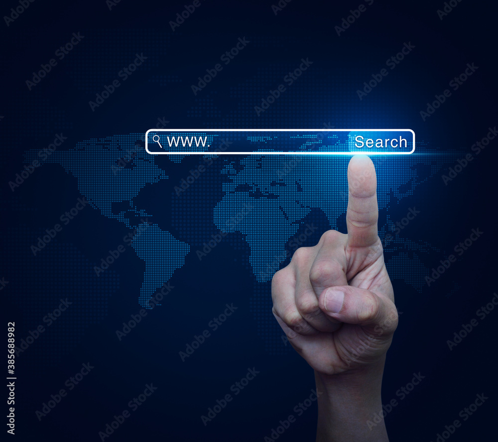 Hand pressing search www button over digital world map technology style, Technology searching internet online concept, Elements of this image furnished by NASA Hand pressing search www button over digital world map technology style, Technology searching internet online concept, Elements of this image furnished by NASA