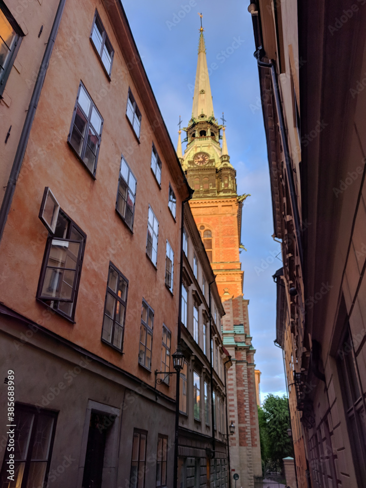 German Church or Saint Gertrude's Church at narrow street of Stockholm, Sweden.