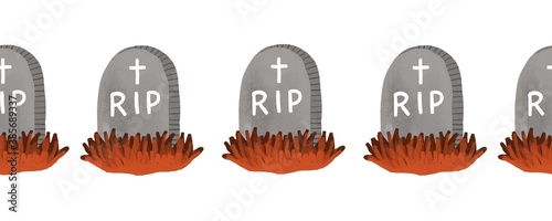 RIP gravestone seamless border. Hand drawn Halloween art Rest in peace illustration pattern. Spooky horizontal repeating border