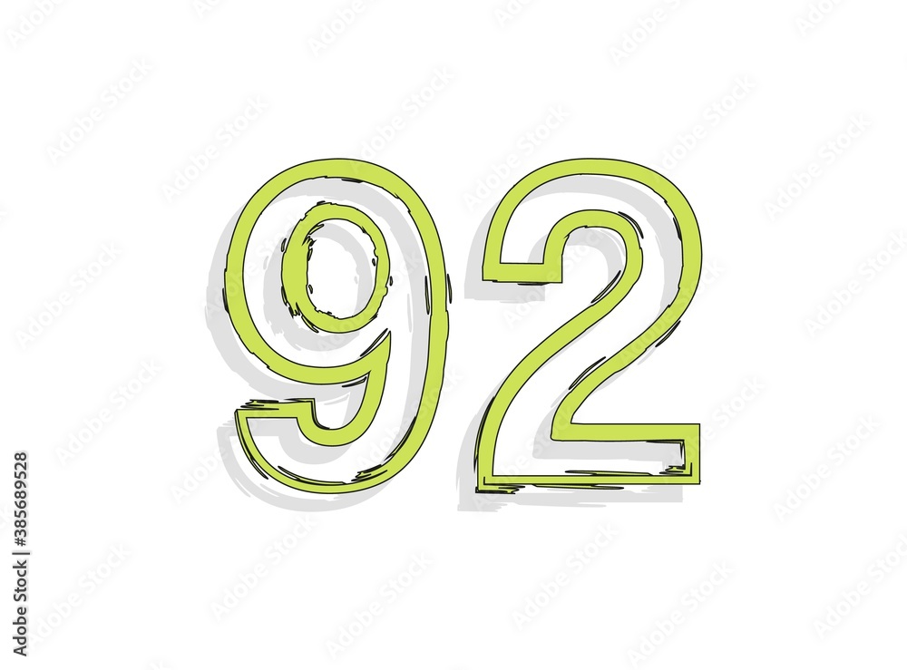 92 green number, hand drawn brush stroke. Comic style design. For design element, logo, creative poster etc. Vector illustration