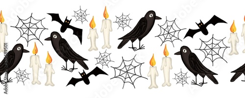 Halloween seamless border. Raven Crow seamless spider web candles, bat repeating border. Hand drawn Halloween art illustration pattern. Spooky horizontal repeating border.