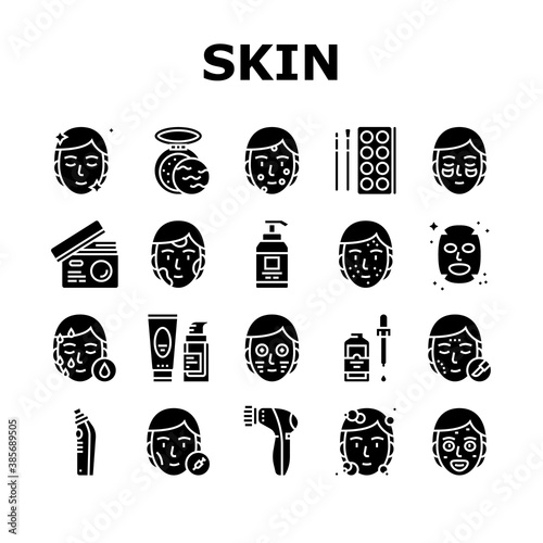 Facial Skin Care Treat Collection Icons Set Vector. Facial Skincare Makeup Cosmetics And Mask, Essential Oil And Acne Cream, Face Massager Glyph Pictograms Black Illustrations
