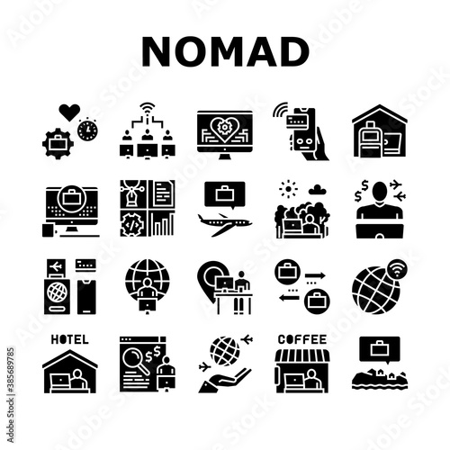 Digital Nomad Worker Collection Icons Set Vector. Freelancer Nomad Remote Work And Traveling, Working In Hotel And Coffee Cafe Glyph Pictograms Black Illustrations