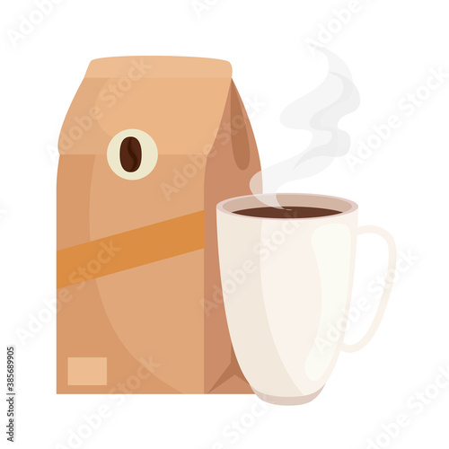coffee beans bag and mug design of drink caffeine breakfast and beverage theme Vector illustration