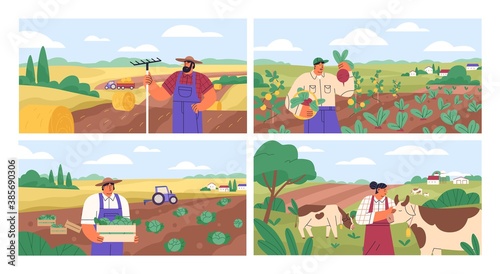 Set of horizontal banners with farmers picking crops, taking care of cows, making hay. People at farm vector flat illustration. Scenes with agricultural workers on farmland isolated. Harvest season