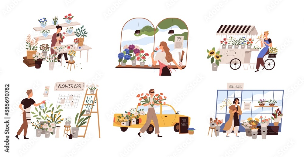 Set of people work at florist shop or store. Woman compose bouquet on table, man spray, hold, carry fresh flowers from car. Floristry handicraft on white. Flat vector cartoon isolated illustration - obrazy, fototapety, plakaty 