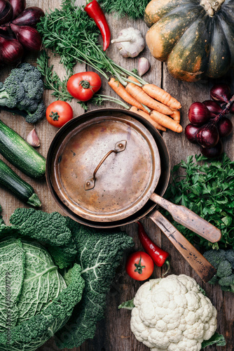 Vegetarian cooking ingredients. Autumn harvest fair. Healthy, clean food cooking and eating concept. Copper pan, colorful autumn vegetables, pumpkin on wooden background. Top view. Copy space. photo