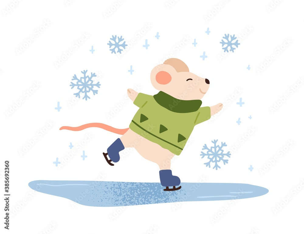 Funny mouse ice skating vector flat illustration. Cute baby animal in warm sweater enjoying skating on ice rink isolated on white. Happy character. Winter outdoor recreational activity Funny mouse ice skating vector flat illustration. Cute baby animal in warm sweater enjoying skating on ice rink isolated on white. Happy character. Winter outdoor recreational activity