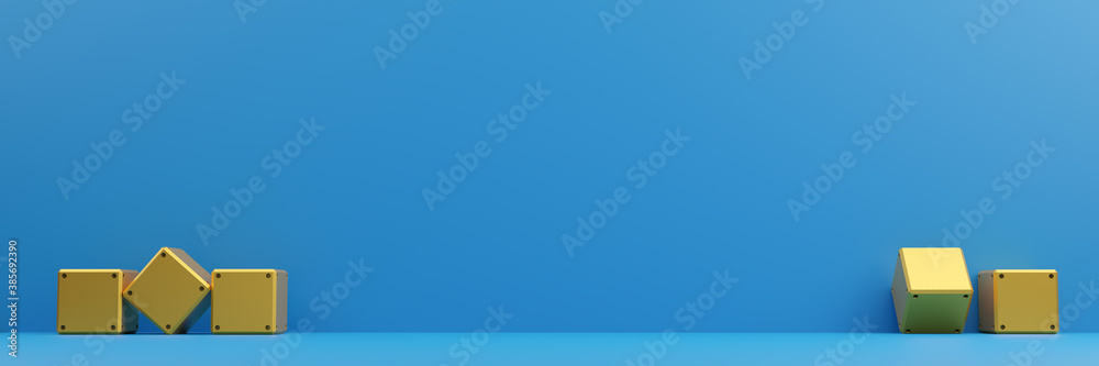 Minimal scene yellow steel block with white cloud on blue background. Geometric shape.3D rendering.Use For Product Showcase..wide panorama banner background.