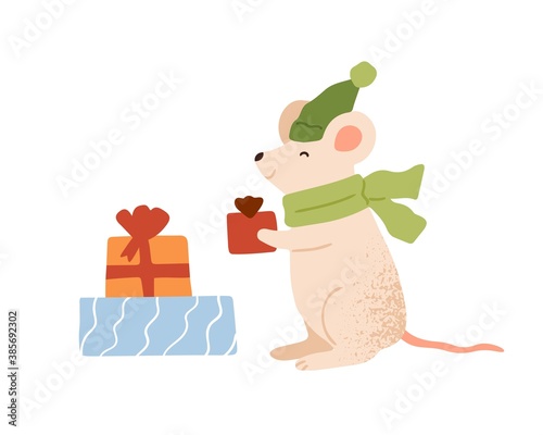 Funny mouse holding Christmas gift box vector flat illustration. Cute rat in warm scarf and hat carrying festive wrapped present with bow isolated. Amusing animal enjoying seasonal winter holiday