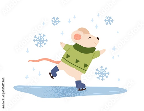 Funny mouse ice skating vector flat illustration. Cute baby animal in warm sweater enjoying skating on ice rink isolated on white. Happy character. Winter outdoor recreational activity