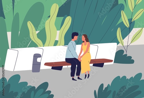 Couple having romantic date at summer park vector flat illustration. Enamored man and woman sitting on bench at garden surrounded by plants. Two lovers holding hands spending time outdoor together