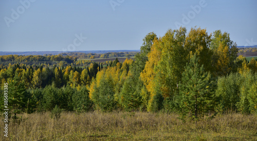 Bright autumn colors of the Ural taiga. Sunny autumn days in the foothills of the Western Urals.