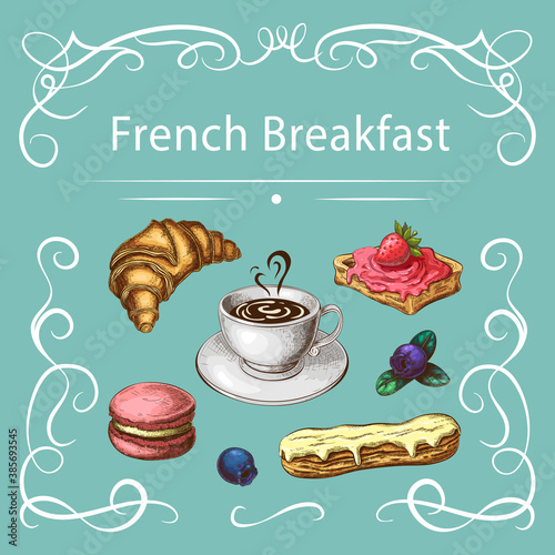 pastry and coffee vector illustration with curly frame on blue background. vintage sketch of coffee cup and french desserts. sweet breakfast. decorative poster for cafeteria, patisserie. pastry banner