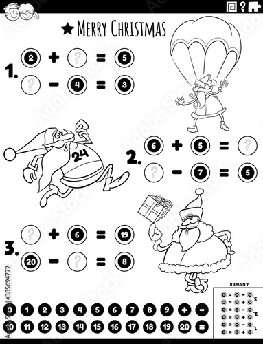 math addition and subtraction task with Santa color book page
