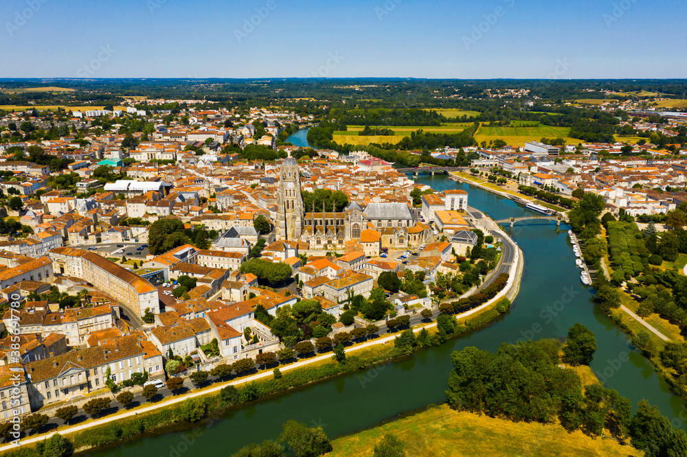 Obraz premium Aerial view of the city of Saintes and Saint Peters Basilica. France