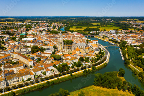 Fototapeta Naklejka Na Ścianę i Meble -  Aerial view of the city of Saintes and Saint Peters Basilica. France