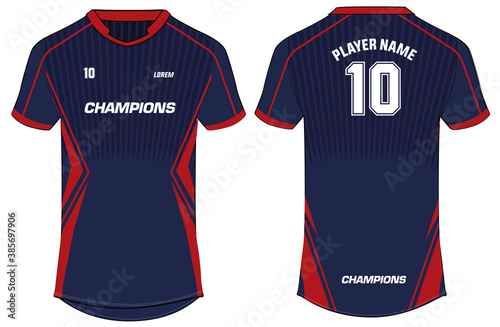 Sports t-shirt jersey design vector template, mock up sports kit with front and back view