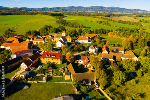 Aerial view of typical village Cakov in the Czech Republic . High quality photo