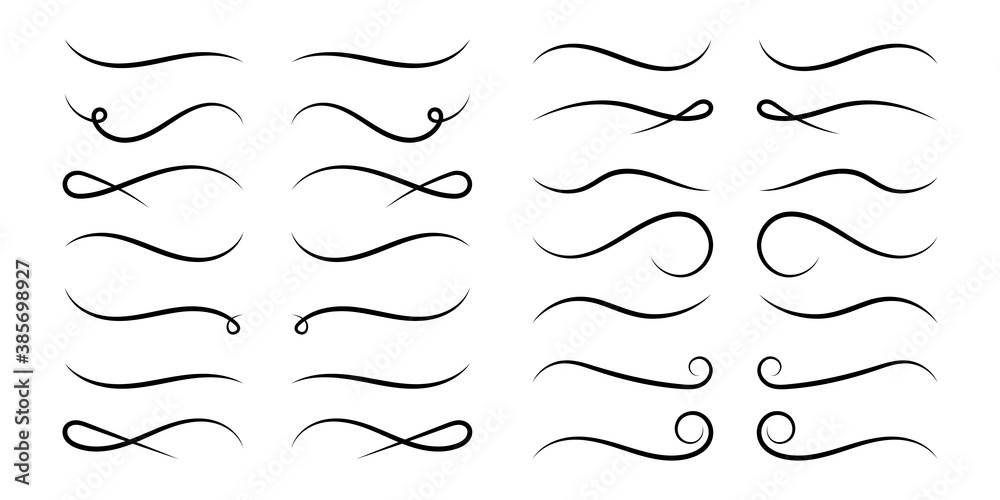 Set decorative lines and scroll swirl elements. Vector flat illustrations. Doodles dividers. - obrazy, fototapety, plakaty 