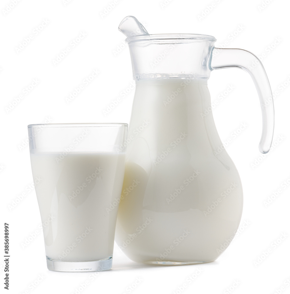 Glass jar and cup of fresh milk isolated