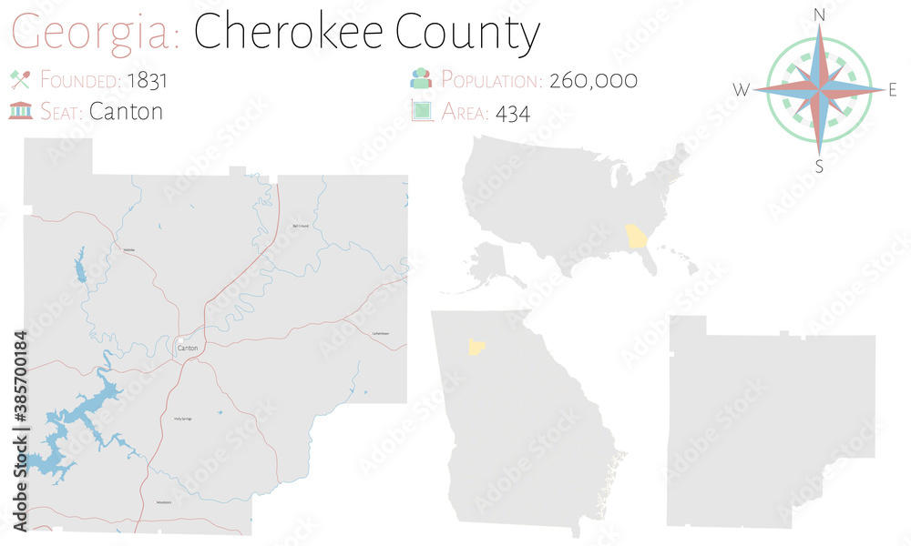 Large and detailed map of Cherokee county in Georgia, USA.
