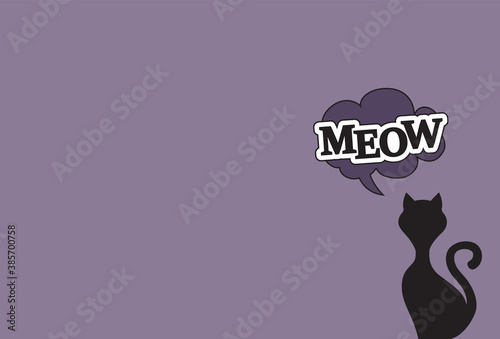 Cat says meow vector, kitten and speech bubble in purple background