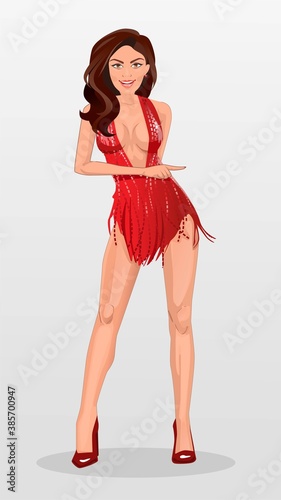 Beautiful sexy woman in a red dress, brunette in full growth, points a finger