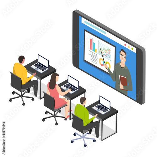 Illustrations flat design concept video conference. online learning about stocks market work form home. finance study