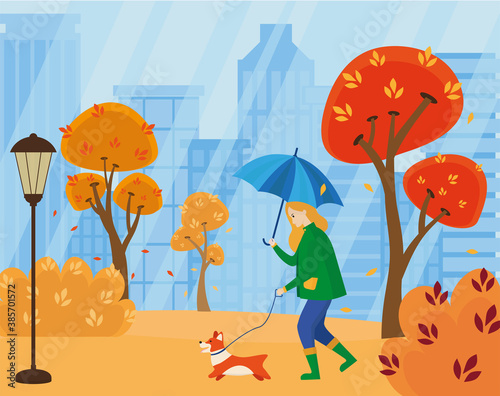 A girl with an umbrella in the rain walks with a dog in an autumn city park. Vector illustration, flat design. Suitable for postcards, poster, covers, web.