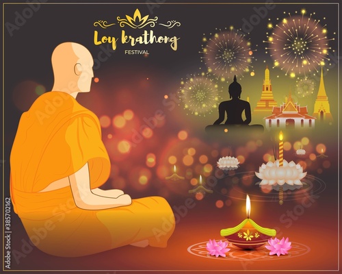 Vector illustration of Loy Krathong festival banner, thailand festival, buildings, lotus with incense sticks and candle, monk, fireworks on beautiful bokeh background.