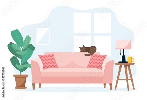 Modern sofa with a side table and plant, cute interior vector illustration in flat style