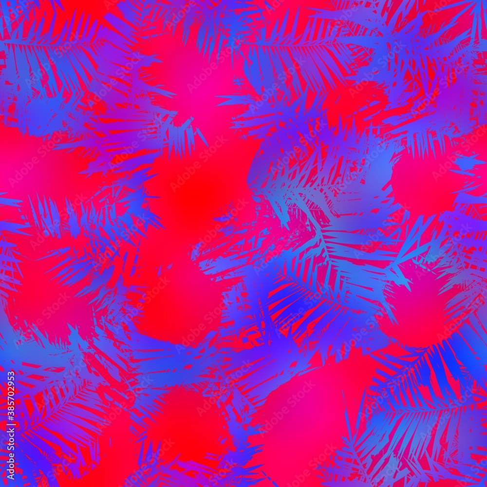 Seamless dynamic red and blue leaf pattern. High quality illustration. Hyper bright vivid and vibrant natural foliage design. Intense colors and energetic ultra-violet feel.
