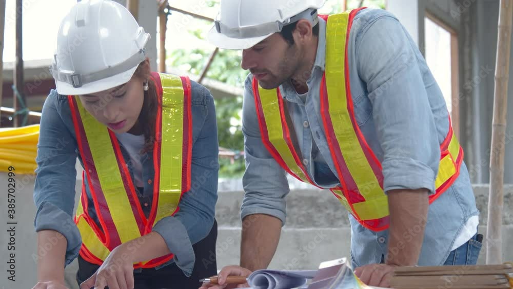 Young Asian engineers and caucasian engineer colleagues at site inspector and discuss together using notebook computer and paper blueprint at building construction site.home renovation ideas concept Young Asian engineers and caucasian engineer colleagues at site inspector and discuss together using notebook computer and paper blueprint at building construction site.home renovation ideas concept