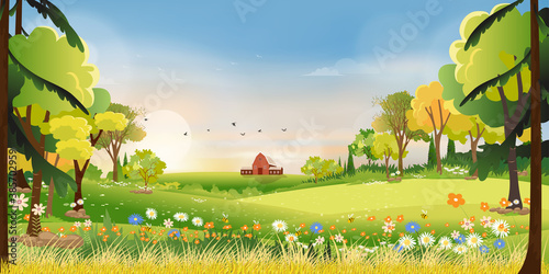 Panorama landscape of spring village with green meadow on hills and blue sky  Vector Summer or Spring landscape  Panoramic countryside of green field with farmhouse  barn and grass flowers