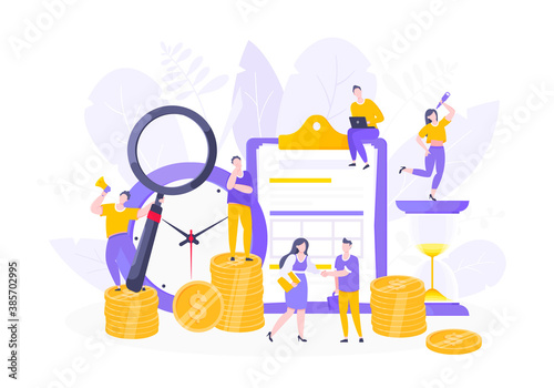 Loan money installment or credit approval business concept vector illustration. Calary payment, online payment symbols with people working together and money coins.