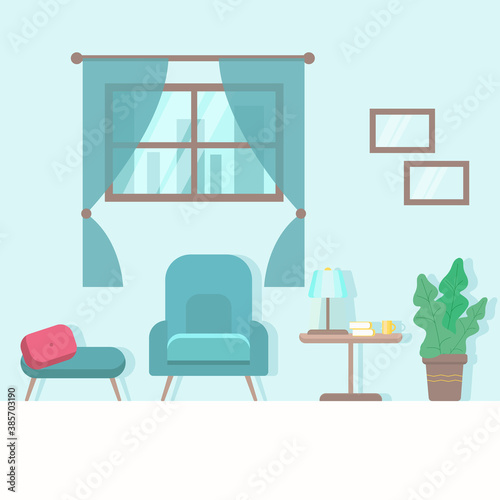 Cozy living room interior in blue color. Flat cartoon style, design template