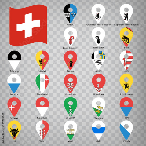 Twenty six flags the Provinces of Switzerland -  alphabetical order with name.  Set of 2d geolocation signs like flags Cantons of Switzerland.  Twenty six 2d geolocation signs for your design. EPS10