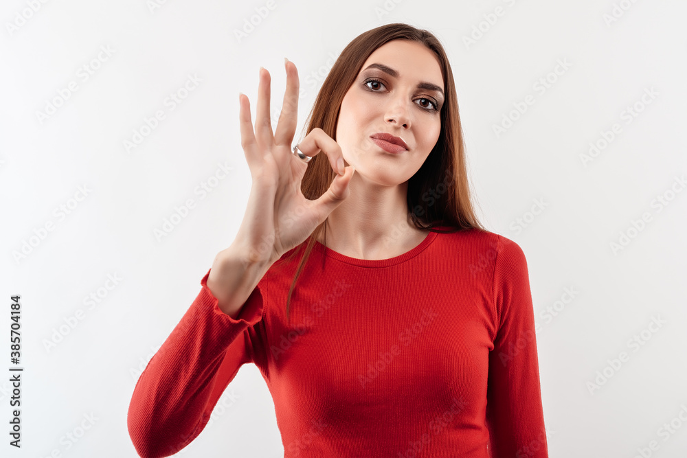 Portrait of a happy young woman with long chestnut hair showing OK gesture. Human emotions, facial expression concept Portrait of a happy young woman with long chestnut hair showing OK gesture. Human emotions, facial expression concept
