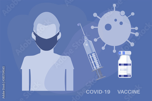 Covid vaccine concept vector with syringe and vaccine bottle on a blue background