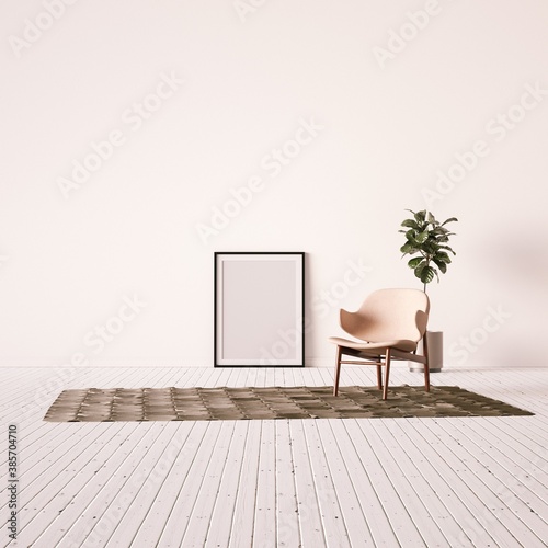 Minimal Room with Designer Armchair  Carpet  Indoor Plant and Empty Frame Mockup.