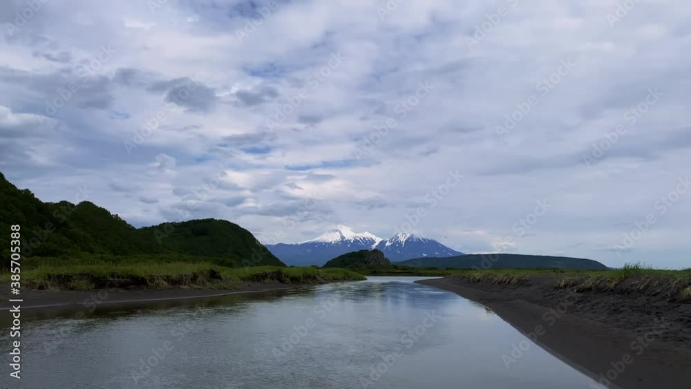 Aerial view of the volcanoes of Kamchatka. Khalaktyrsky beach. Calming natural background. Aerial view of the volcanoes of Kamchatka. Khalaktyrsky beach. Calming natural background.