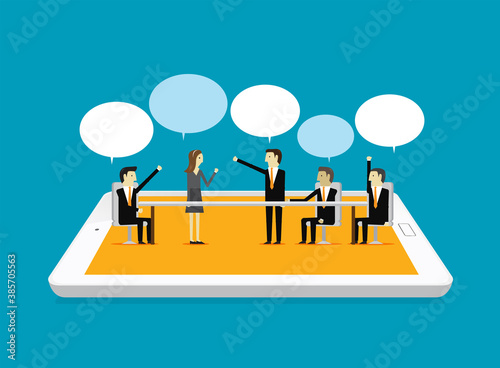 Business team meeting on a big tablet with a blank bubble speech